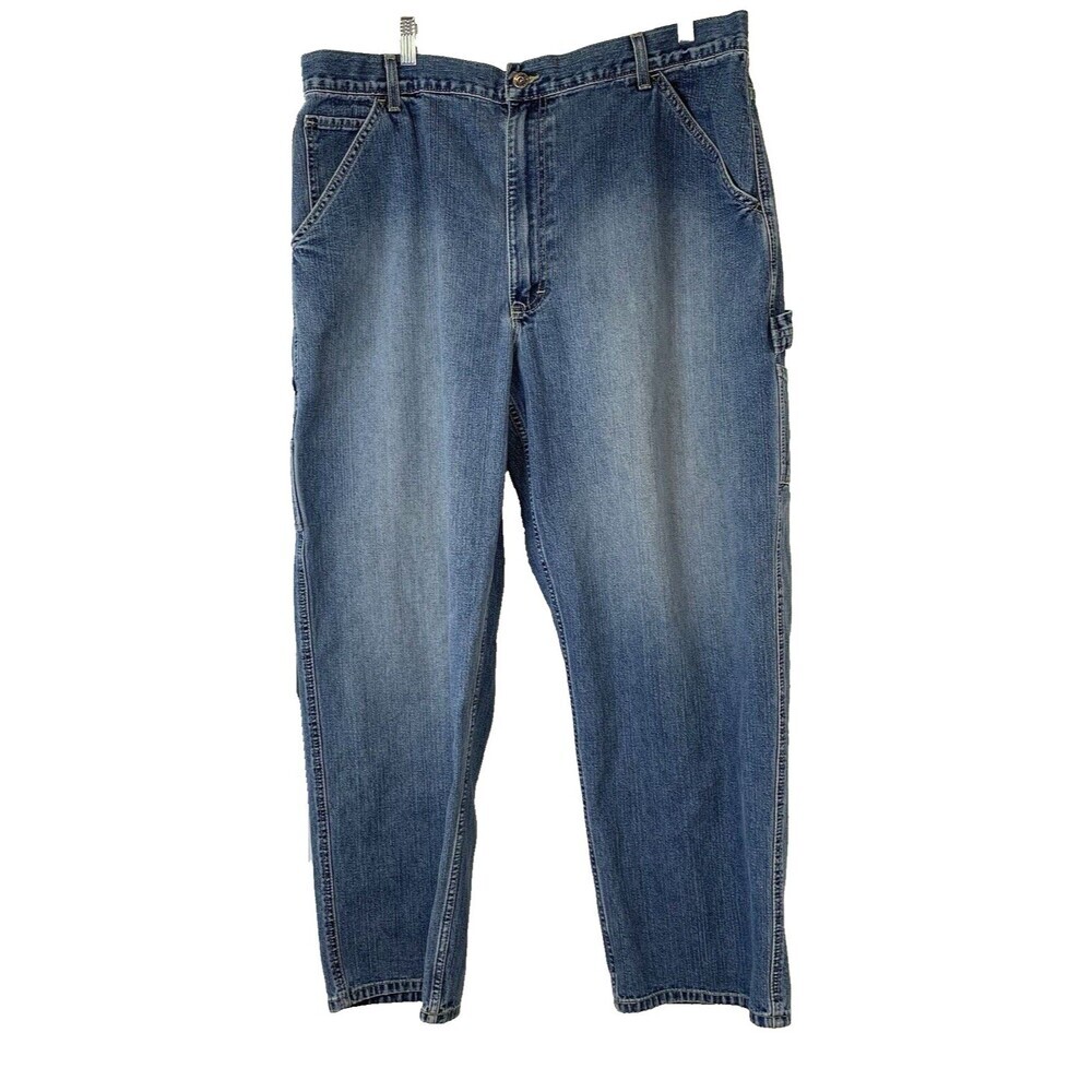 Carpenter Loose Straight Jeans Mens 42x30 Light Wash Casual Blue Denim Workwear